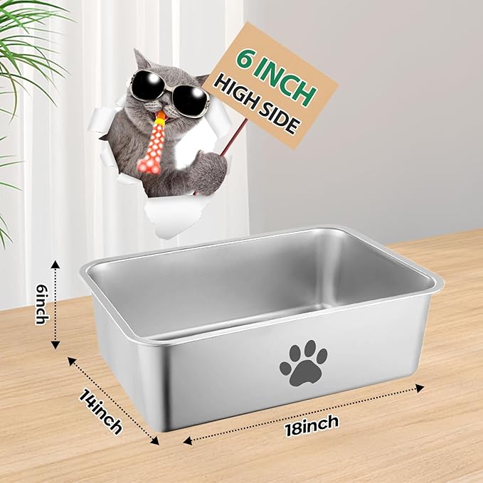 2PCS Stainless Steel Cat Litter Box,Metal Kitten Litter Pan, 6inch High Side Cats Toilet Indoor Litter Tray Pet Toilet Supplies for Cats, Kitty,Rabbits, Easy Clean, Non Stick Litter Box, No Smell