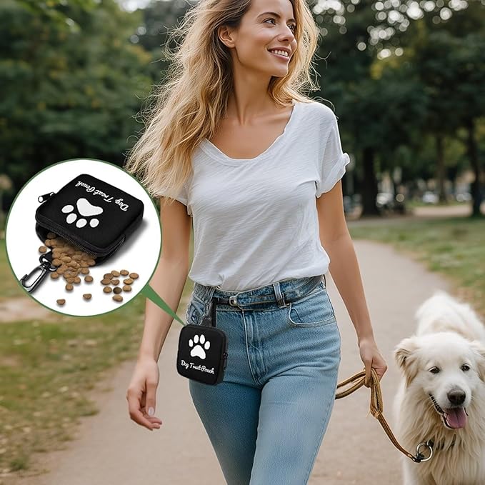 KEIAHUAN Dog Paw Print Dog Treat Pouch for Pet Walking and Training with Clip, Small Training Bag Portable Dogs Treat Bag Pet Snack Bags for Puppy, Black