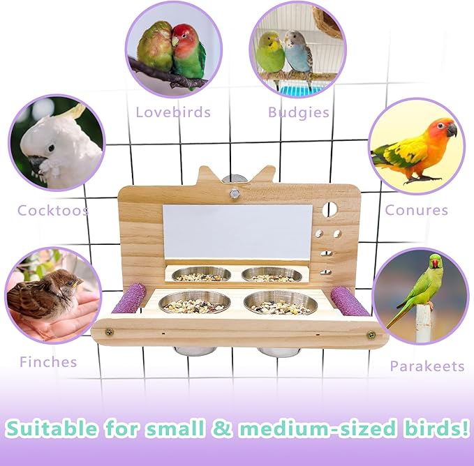Bird Mirror Parrot Perch with Mirror and Feeding Cups Parrot Cage Swing Wooden Mirror Fun Play Toy for Lovebird Parakeets Conures Cockatiels
