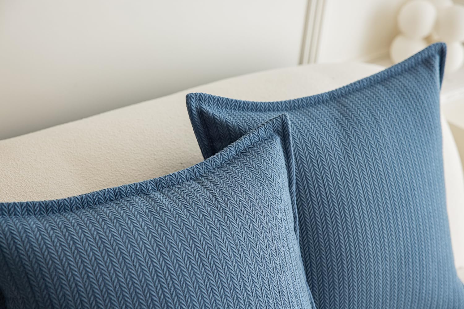 Set of 2 Herringbone Embossed Stripe Flange Throw Pillow Covers for Couch and Bed - 18"x18", Steel Blue