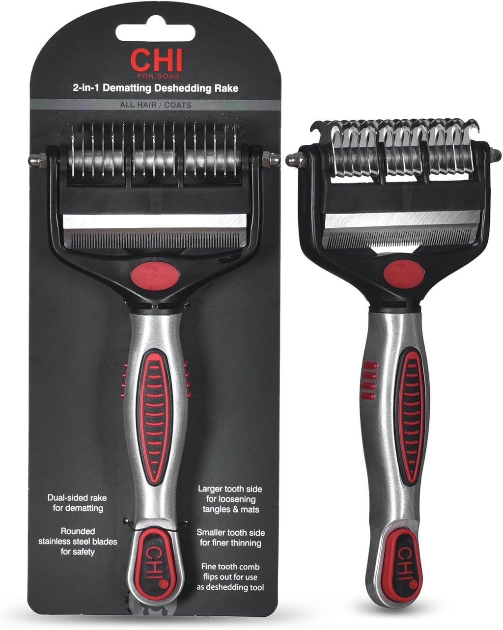 CHI for Dogs 2-in-1 Dematting and Deshedding Rake - Dual-Head Grooming Tool for Mats and Knots - Flip-Out Fine Rake for Smoothing Coats - Large Blade for Thick Fur - Dog Detangler Comb