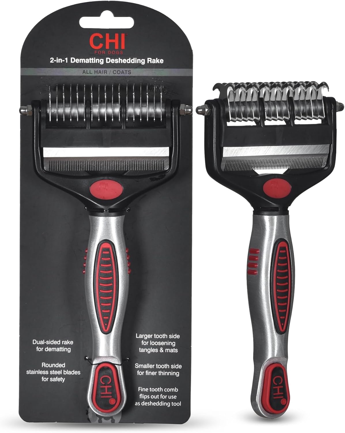 CHI for Dogs 2-in-1 Dematting and Deshedding Rake - Dual-Head Grooming Tool for Mats and Knots - Flip-Out Fine Rake for Smoothing Coats - Large Blade for Thick Fur - Dog Detangler Comb