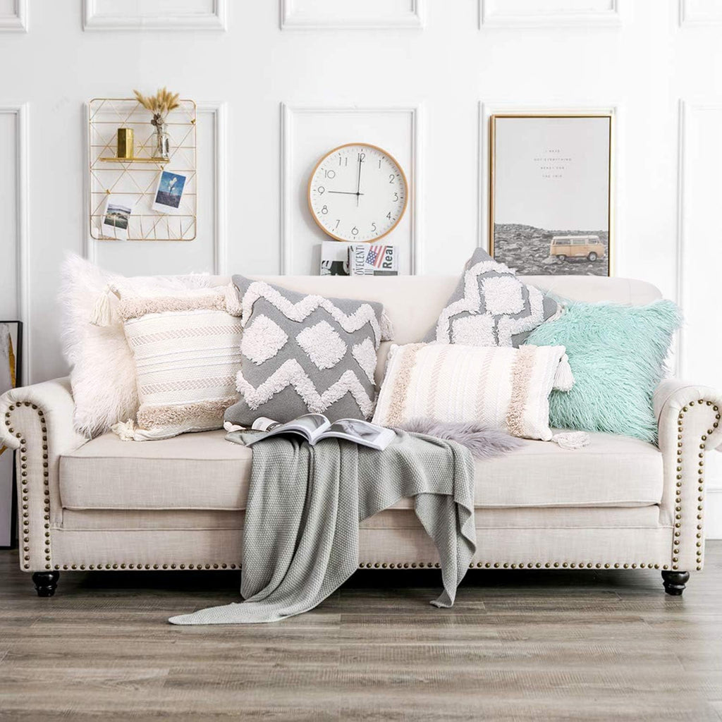 OJIA Boho Decorative Throw Pillow Cover, 20 x 20 Farmhouse Cute Pillowcase Minimalist Neutral Collection Cream White Tufted with Tassels Woven Square Cushion Cover for Sofa Couch Bedroom Living Room