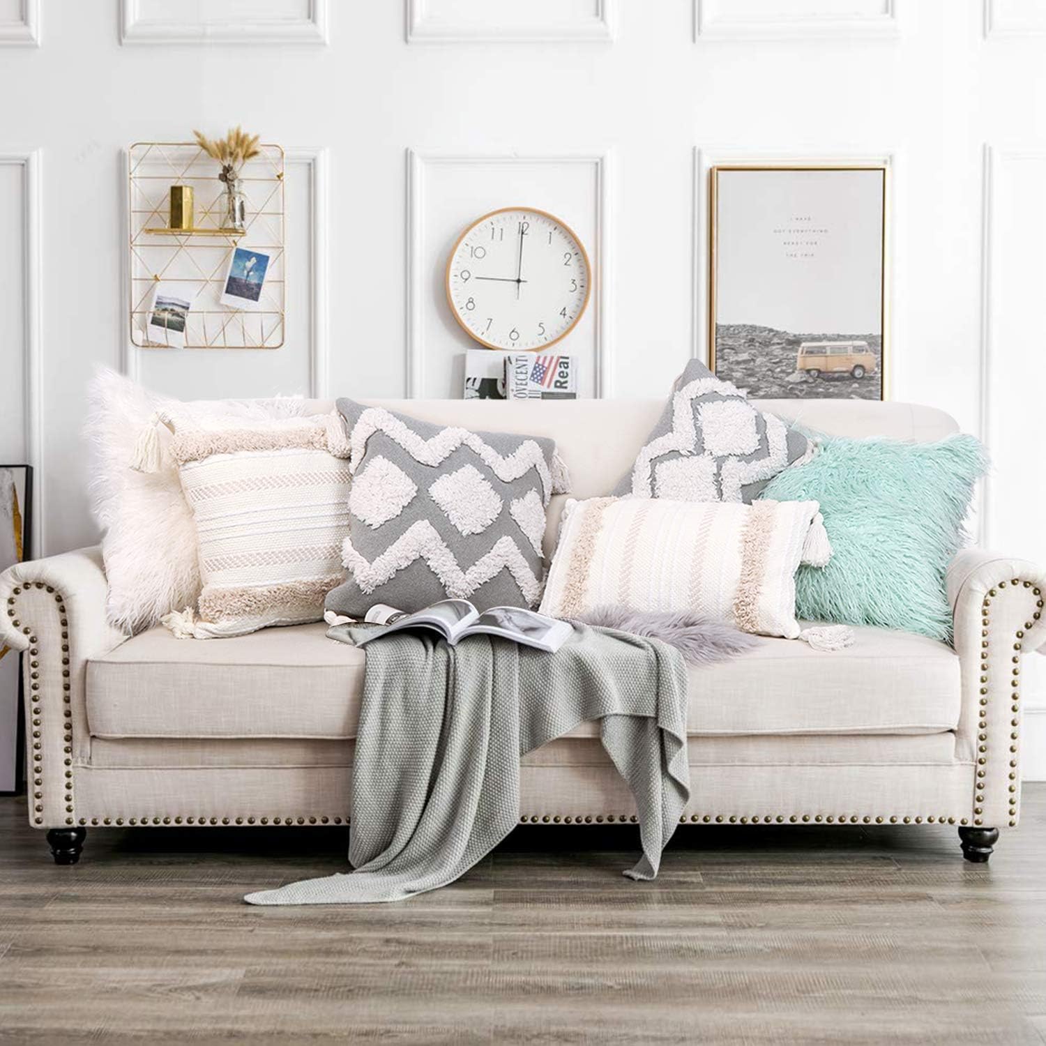 OJIA Boho Decorative Throw Pillow Cover, 20 x 20 Farmhouse Cute Pillowcase Minimalist Neutral Collection Cream White Tufted with Tassels Woven Square Cushion Cover for Sofa Couch Bedroom Living Room