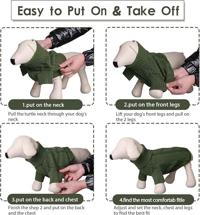 Queenmore Small Dog Pullover Sweater, Cold Weather Cable Knitwear, Classic Turtleneck Thick Warm Clothes for Chihuahua, Bulldog, Dachshund, Pug (Army Green, Large)