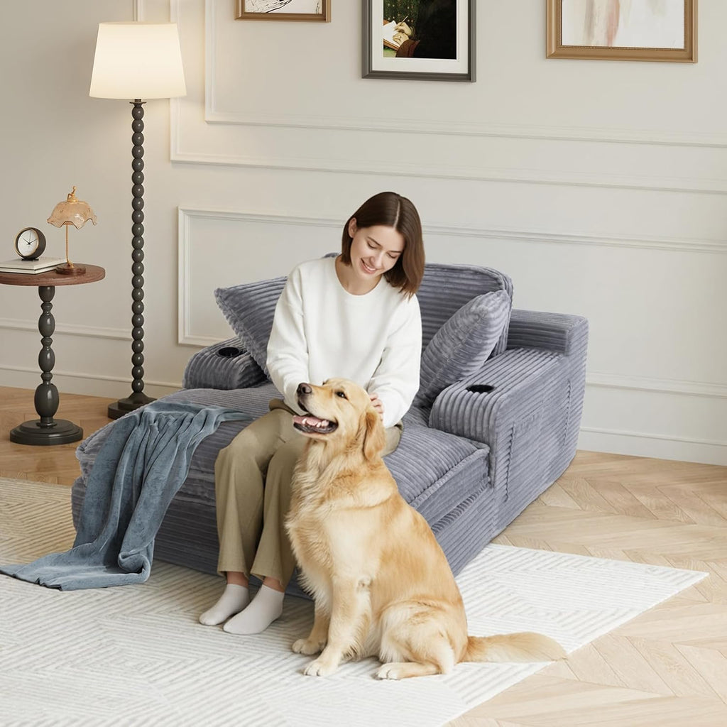 67" Chaise Lounge Chair Indoor, Cozy Oversized Fluffy Sofa with Cup Holders & Throw Pillows, Boneless Sleeper Cloud Couch for Living Room, Movie Room and Apartments, Grey