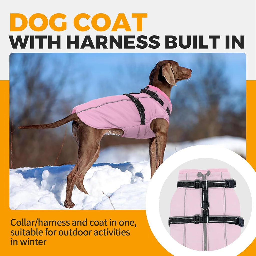 Lelepet Dog Coat for Large Dogs Waterproof Dog Jacket with Harness Built in Reflective Fleece Jacket with Zip Windproof Cold Weather Coats for Dogs Cozy Thermal Pet Snowsuit, Weimaraner, Pink, XXL