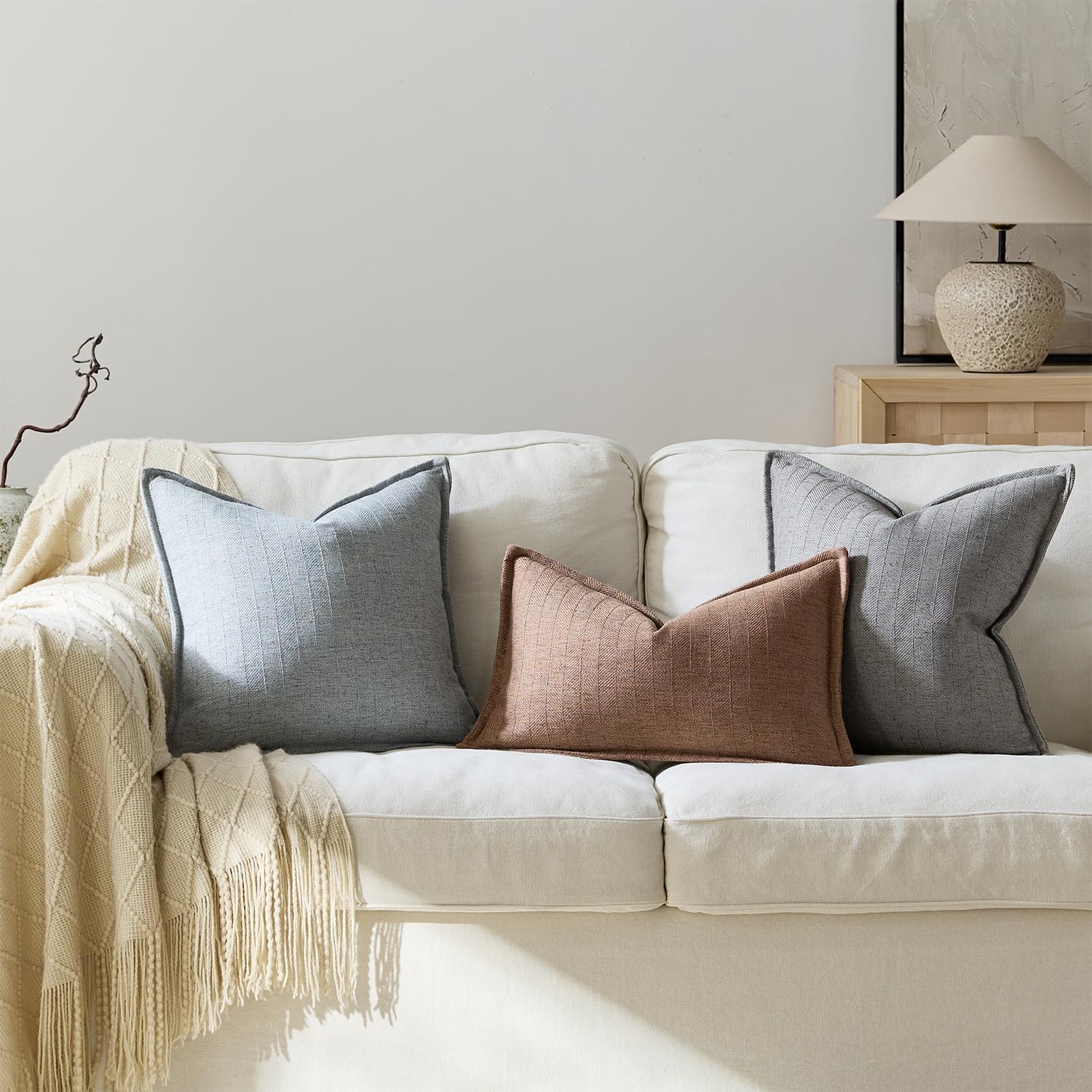 12x20 Linen Pillow Covers Brown Pack of 2 Farmhouse Boho Neutral Accents Striped Textured Rectangular Lumbar Decorative Throw Pillow Cases for Living Room Couch Bed Home Decor