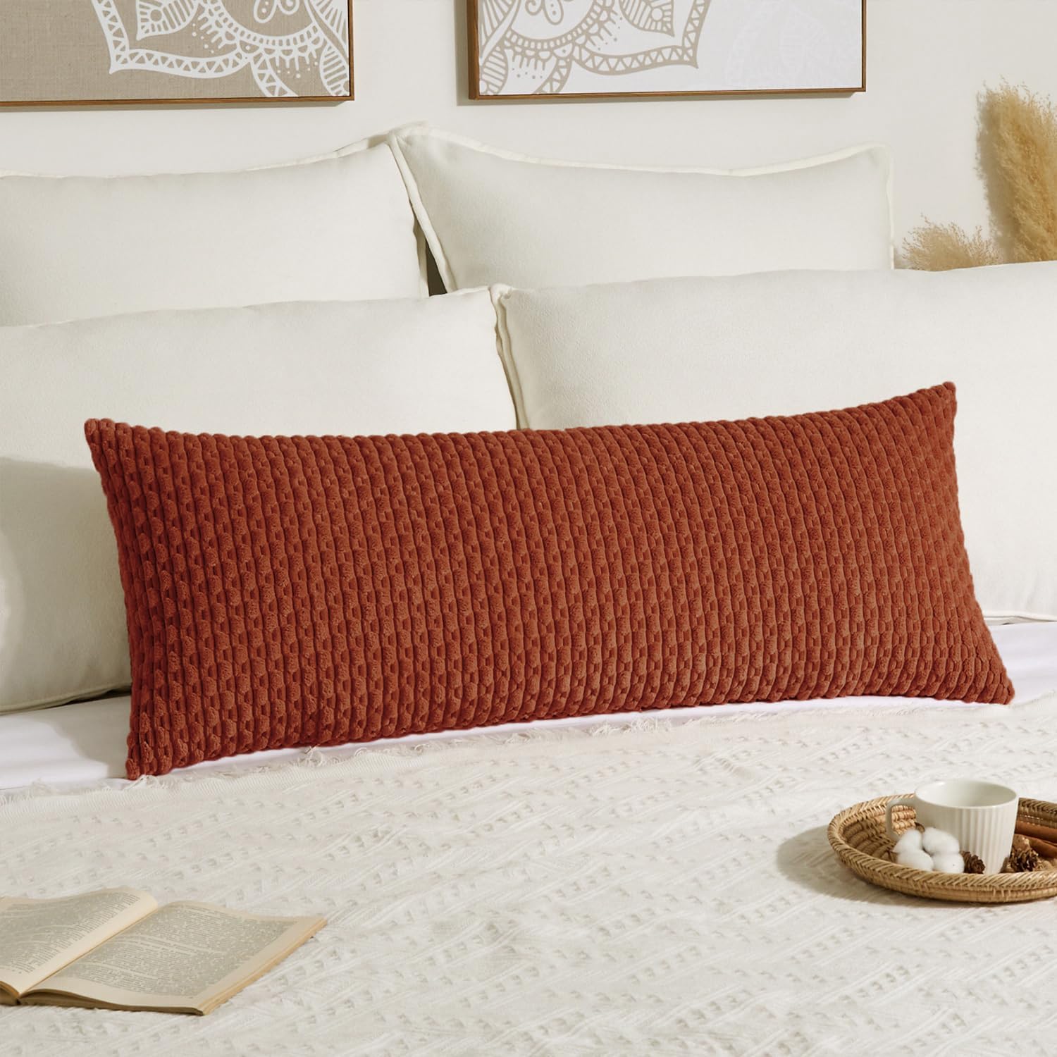 Kevin Textile Fall 14x36 Inch Long Lumbar 1 Pack Fall Boho Decorative Throw Pillow Cover Soft Striped Corduroy Rectangle Cushion Case Farmhouse Solid Color Accent for Living Room Couch Sofa Bed, Rust