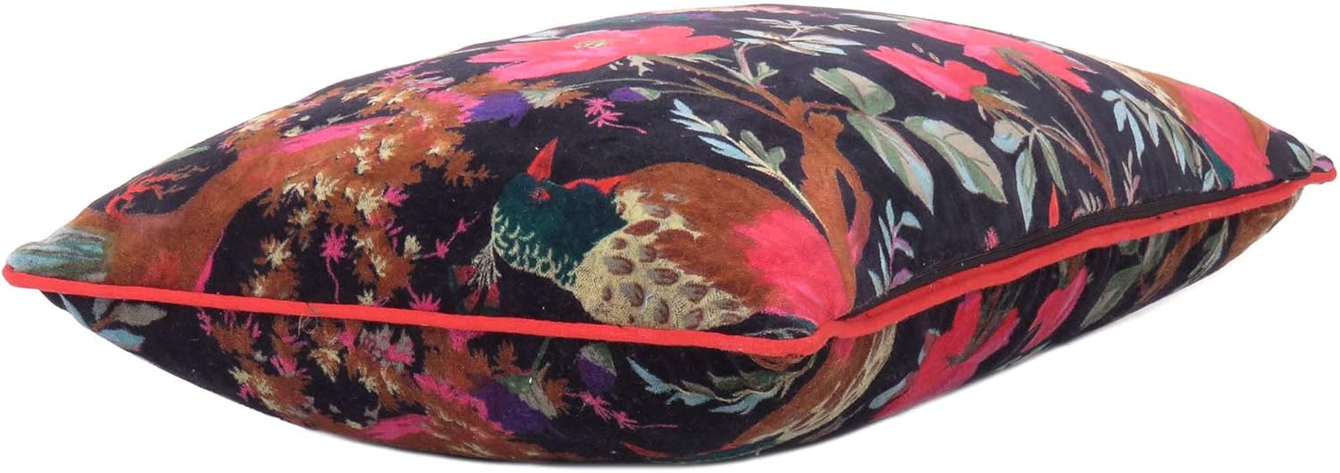 Eyes of India Boho Velvet Bird Print Lumbar Throw Pillow Cover, Bohemian Colorful Decorative Floral Rectangle Cushion Case for Sofa Couch Bed Living Room, 12x20 inch (30x50 cm), Black