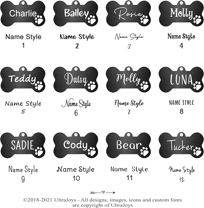 Ultra Joys Dog Tags Personalized for Pets - Hollow Paw Custom Pet ID Tag - Engraved Dog Tag for Small, Large Dogs - Small Bone in Black