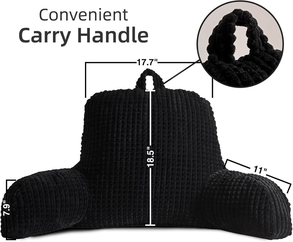 A Nice Night Reading Pillow Bed Wedge Large Adult Children Backrest with Arms Back Support for Sitting Up in Bed/Couch for Lounging Bedrest,Waffle Stereoscopic Design,Black