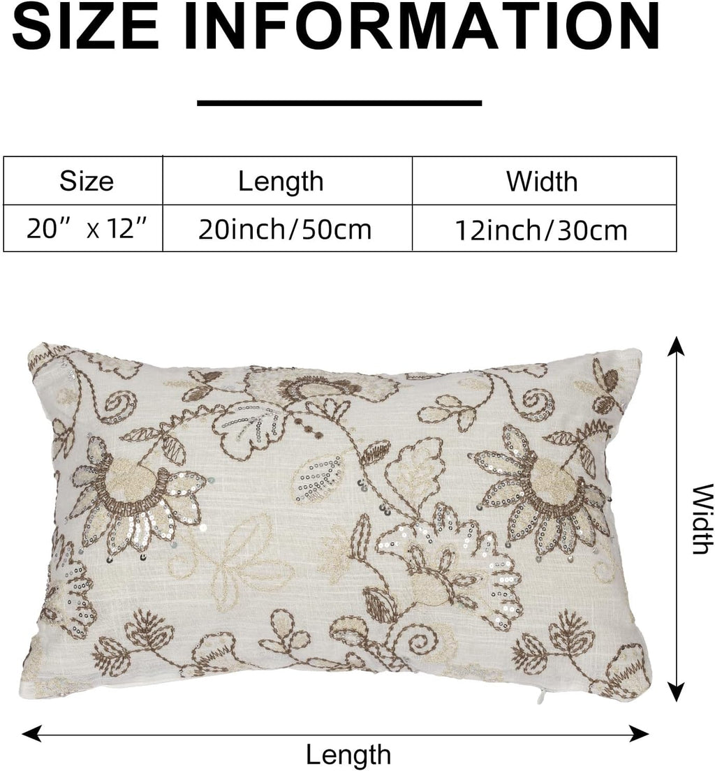 Floral Embroidered Lumbar Throw Pillow Cover 12x 20, Sequin Chinoiserie Flower Neutral Linen Pillow Cushion Cases, Farmhouse Decorative Pillows for Bed, Outdoor Couch White