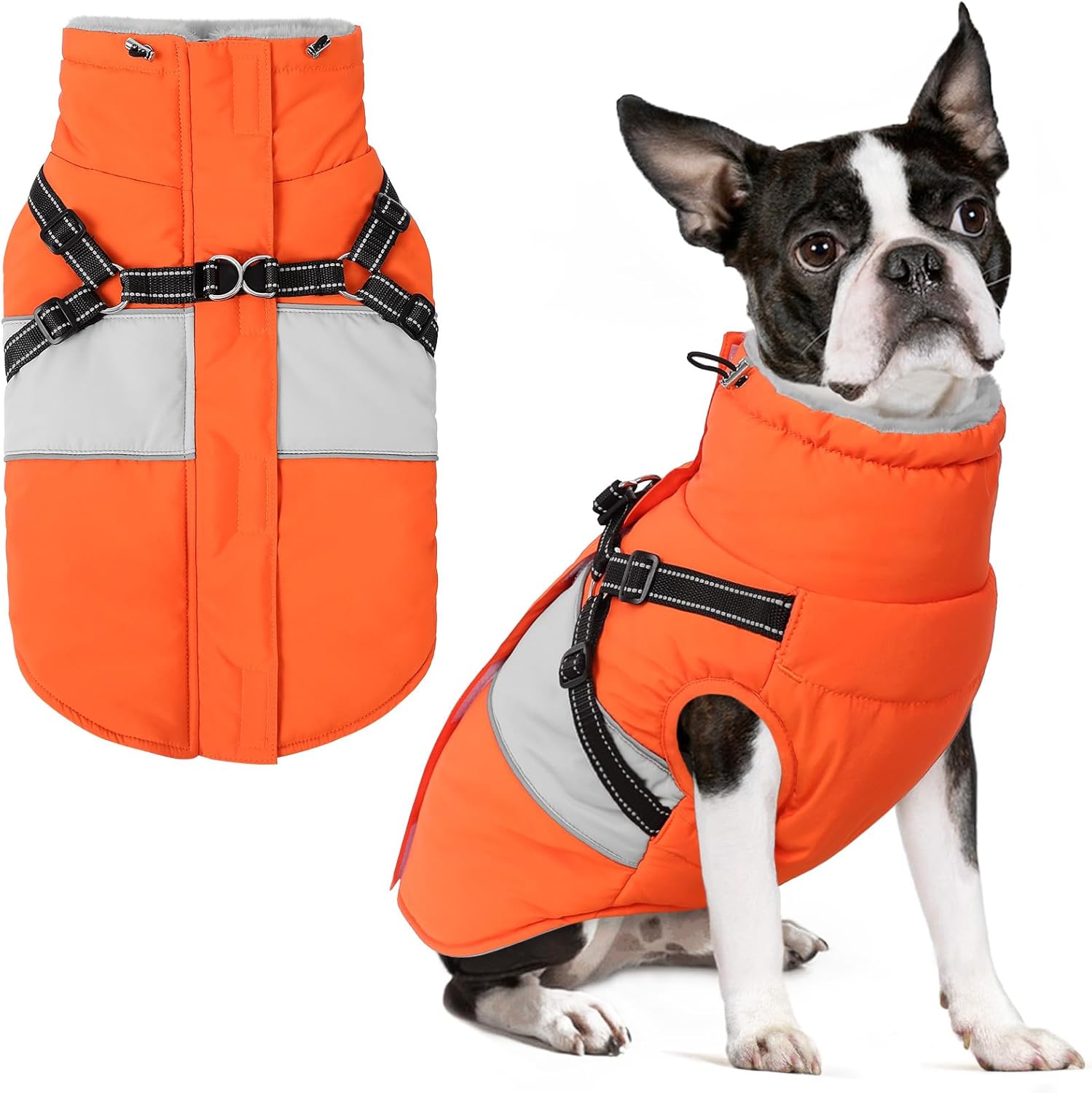 SUNFURA Small Dog Coat with Harness Built in, Warm Dog Jacket Winter with Zipper On Back, Waterproof Pet Snow Jacket Snowsuit Pet Sweater Clothes for Schnauzer, Yorkshire Terrier, Orange S