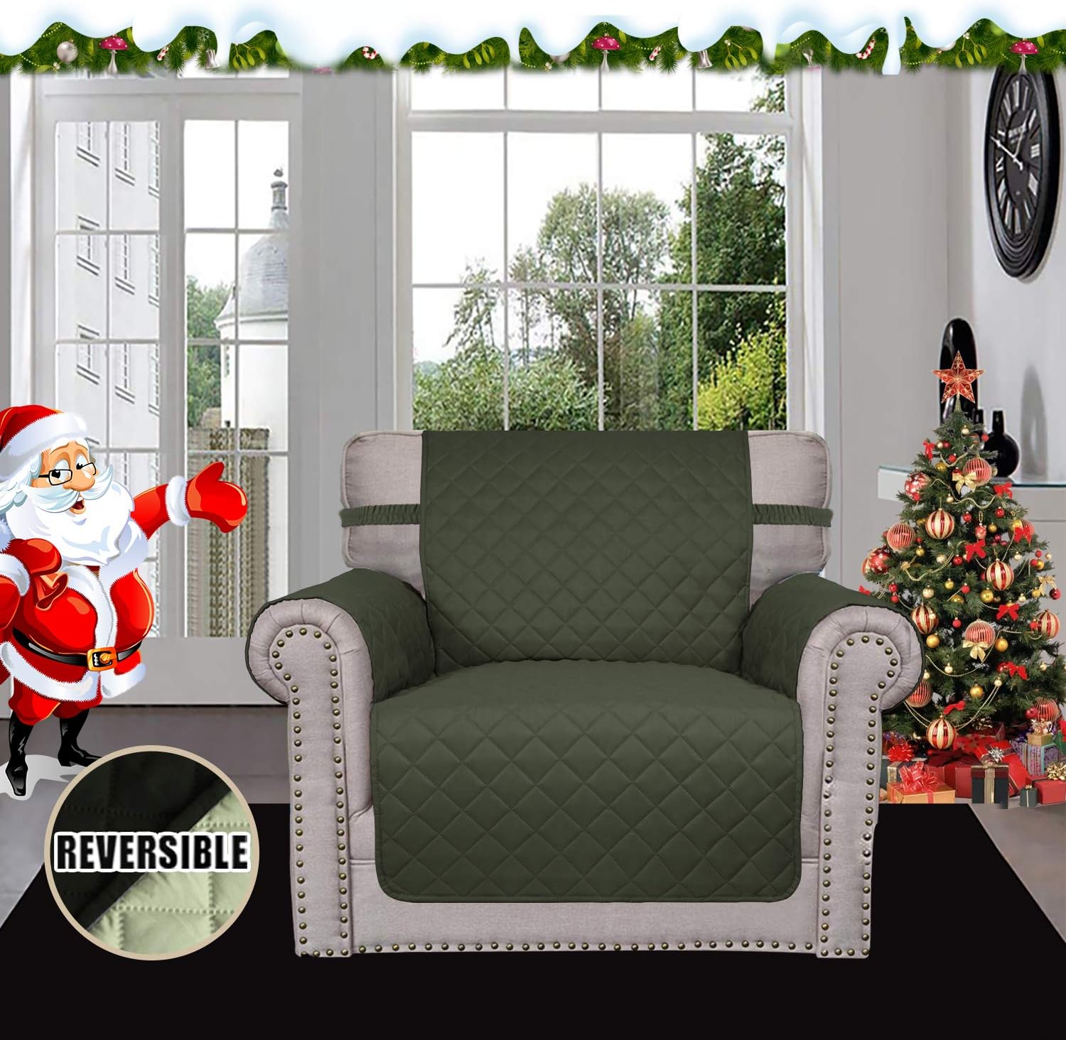 Easy-Going Chair Sofa Slipcover Reversible Sofa Cover Water Resistant Couch Cover Furniture Protector Cover with Elastic Straps for Pets Kids Children Dog Cat (Chair, Army Green/Beige)