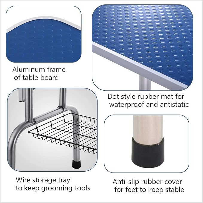 Dog Pet Grooming Table for Large Dogs Adjustable Height Heavy Duty Professional Portable Trimming Table with Arm/Noose/Mesh Tray, Maximum Capacity Up to 330 LBS, 42''/Blue