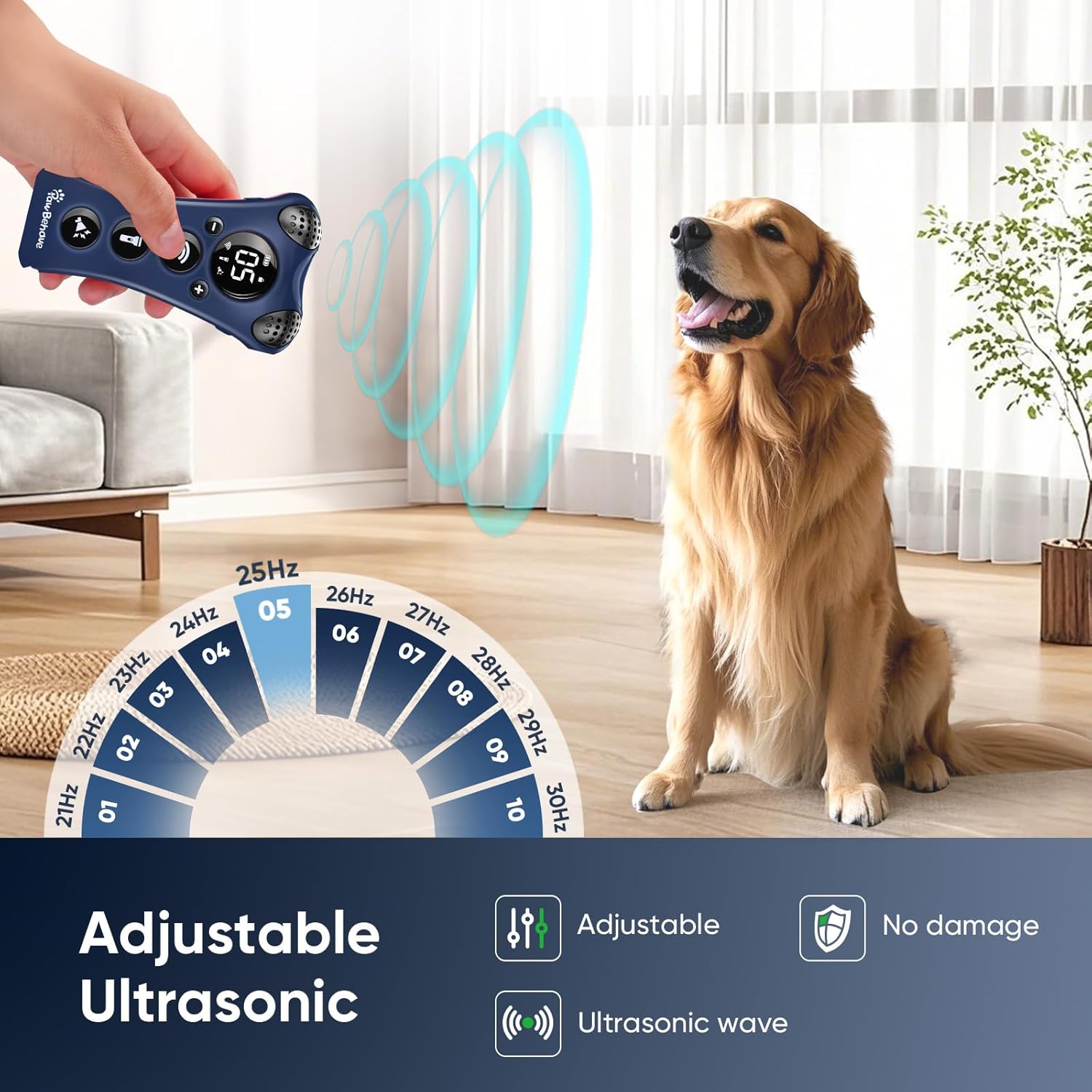 Adjustable Ultrasonic Dog Trainer–World's First Variable Frequency Pet Behavior Corrector with 10 Level Ultra Sound, 18 Dog Whistles, Anti-Bark Flashlight, Safe and Humane Deterrent (Blue)