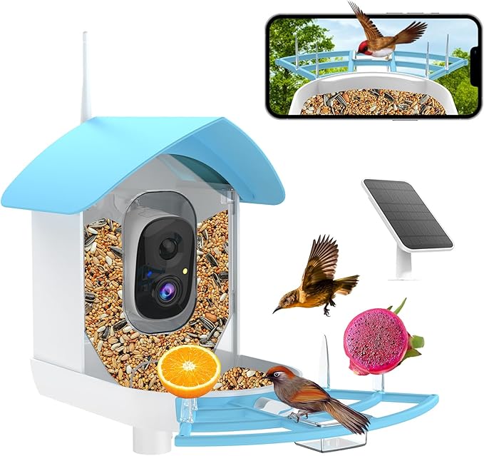 Bird Feeder with Camera, Smart AI Bird Breed Recognition,Birds Motion Detection with Real Time Notice, Solar Powered Auto Capture Bird Watching WiFi Camera,Gifts for Birdlover,Family,SkyBlue