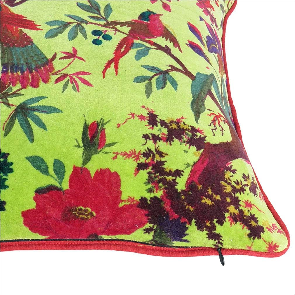 Eyes of India Velvet Floral Flower Bird Throw Pillow Sofa Cushion Cover Case Couch Colorful Boho Chic Bohemian Accent Indian Handmade (Light Green, 20" x 20")