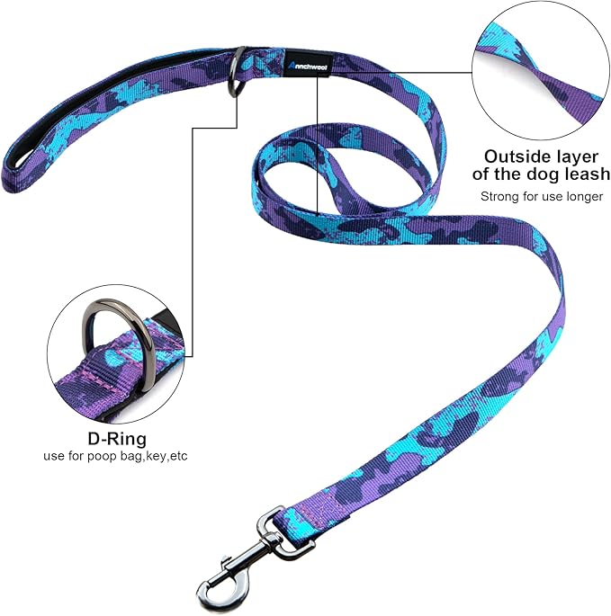 Annchwool No Pull Dog Harness with Padded Handle+5 Ft Leash,Escape Proof and Quick Fit to Adjust Dog Harness,Easy for Training Walking for Small & Medium and Large Dogs(Camo Purple Set,L)