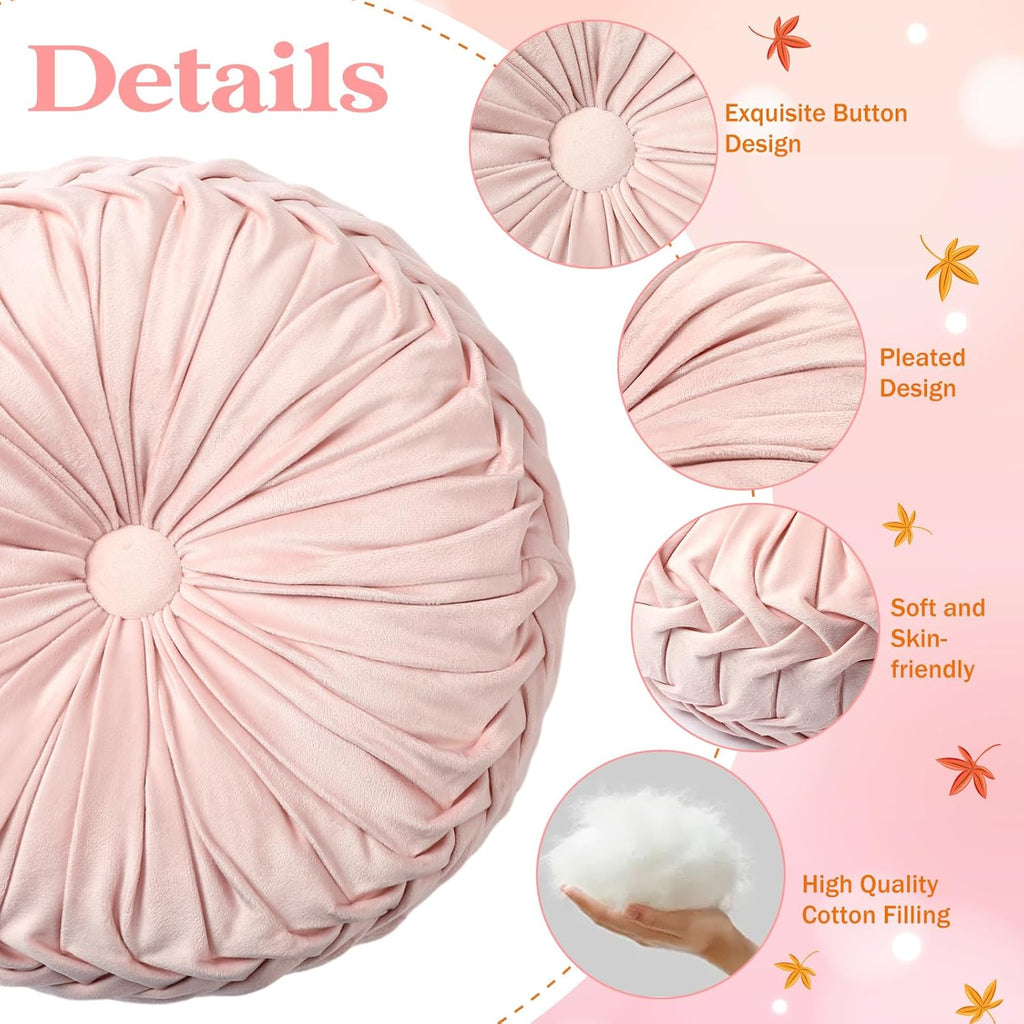 4 Pcs Round Throw Pillows 15 Inch Decorative Velvet Pleated Pumpkin Floor Boho Pillows for Living Room Couch Chair Bed Sofa (Light Pink)