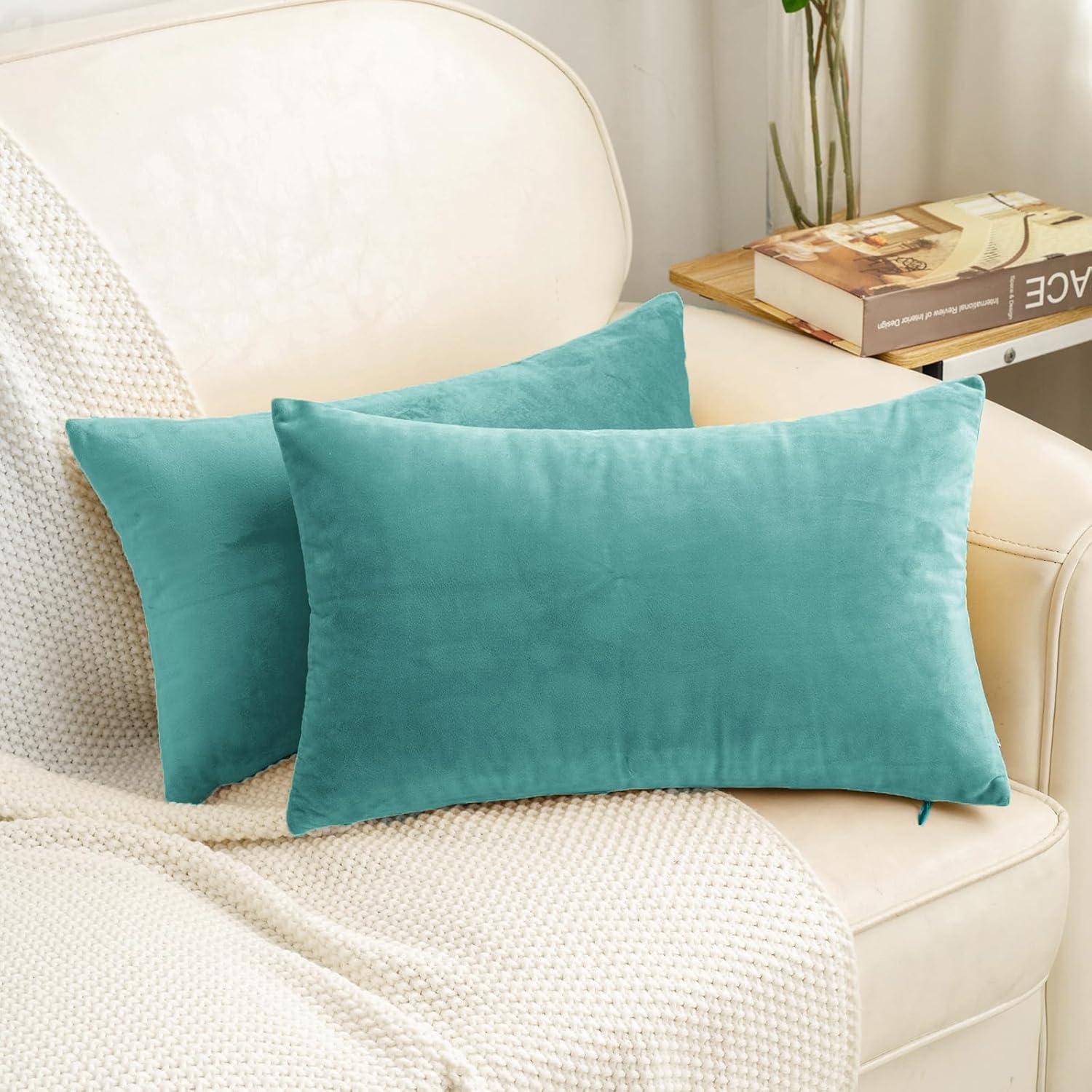 HWY 50 Teal Blue Velvet Rectangular Throw Pillow Covers 12x20 Inch, Pack of 2 Soft Cozy Solid Decorative Luxury Cushion Cases for Couch Sofa Bed Living Room Bedroom