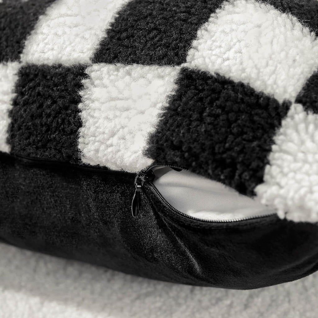 AmHoo Pack of 2 Decorative Throw Pillow Covers Checkerboard Luxury Super Soft Faux Fur Wool Set Case Cushion for Couch Sofa Bedroom 26 x 26-Inch Black