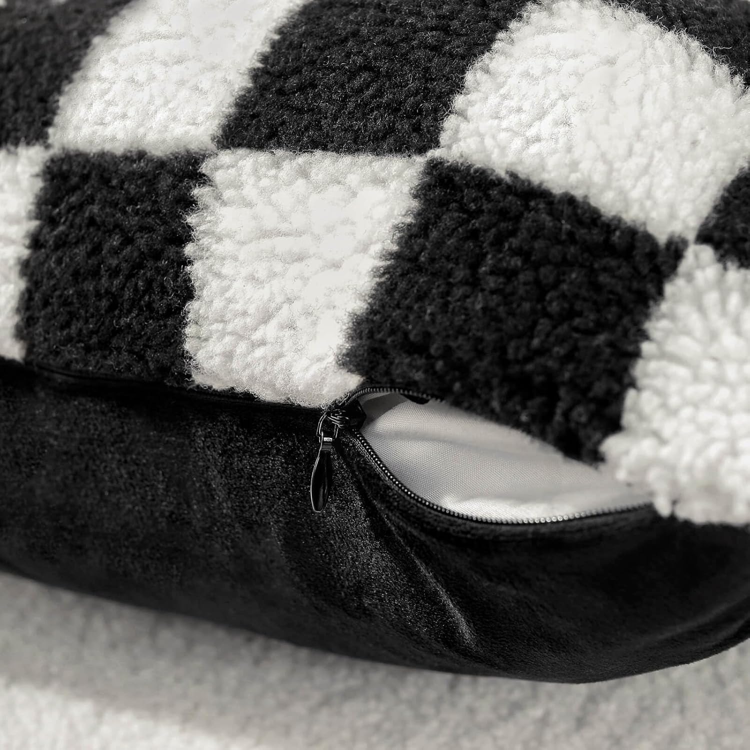 AmHoo Pack of 2 Decorative Throw Pillow Covers Checkerboard Luxury Super Soft Faux Fur Wool Set Case Cushion for Couch Sofa Bedroom 12 x 20-Inch Black