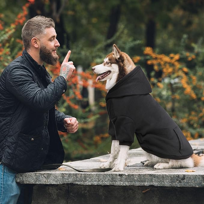 Fleece Dog Sweater & Hoodie - Soft Dog Clothes Sweatshirt with Pocket - Large Dogs (Black&L)