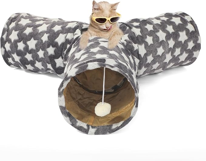 LUCKITTY Cat Tunnel Toy- 3 Way-Shaped, Gray Star Pattern, Soft Velvet Exterior, Oxford Fabric Fog-Proof Interior, Plush Toy Ball, Easily Washable, Conveniently Foldable