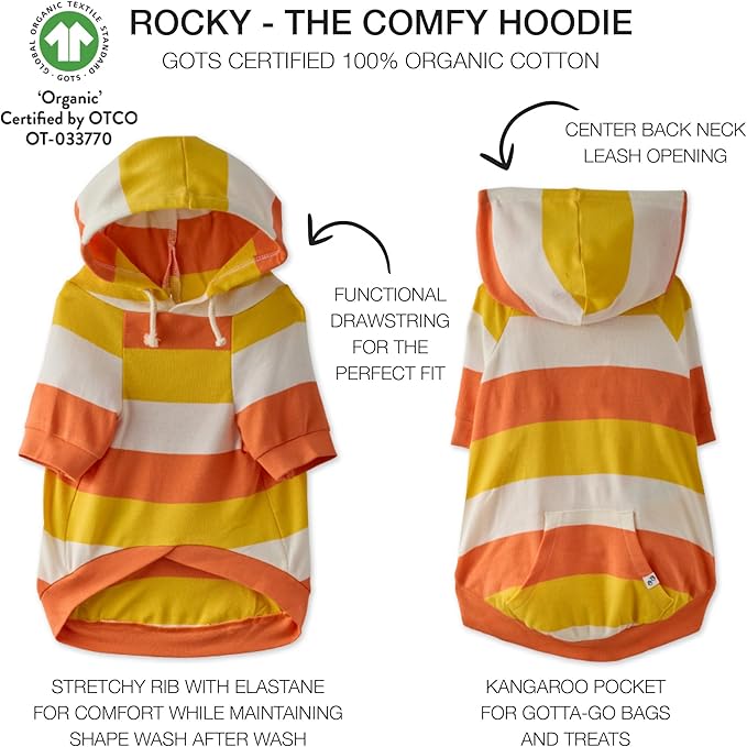 Rocky – The Orginal Lightweight Hooded TEE 100% Organic Cotton Dog Hoodie Pet Coat Sweater for Small, Medium, Large Dogs, Candy Corn, Medium (20-45 lbs)