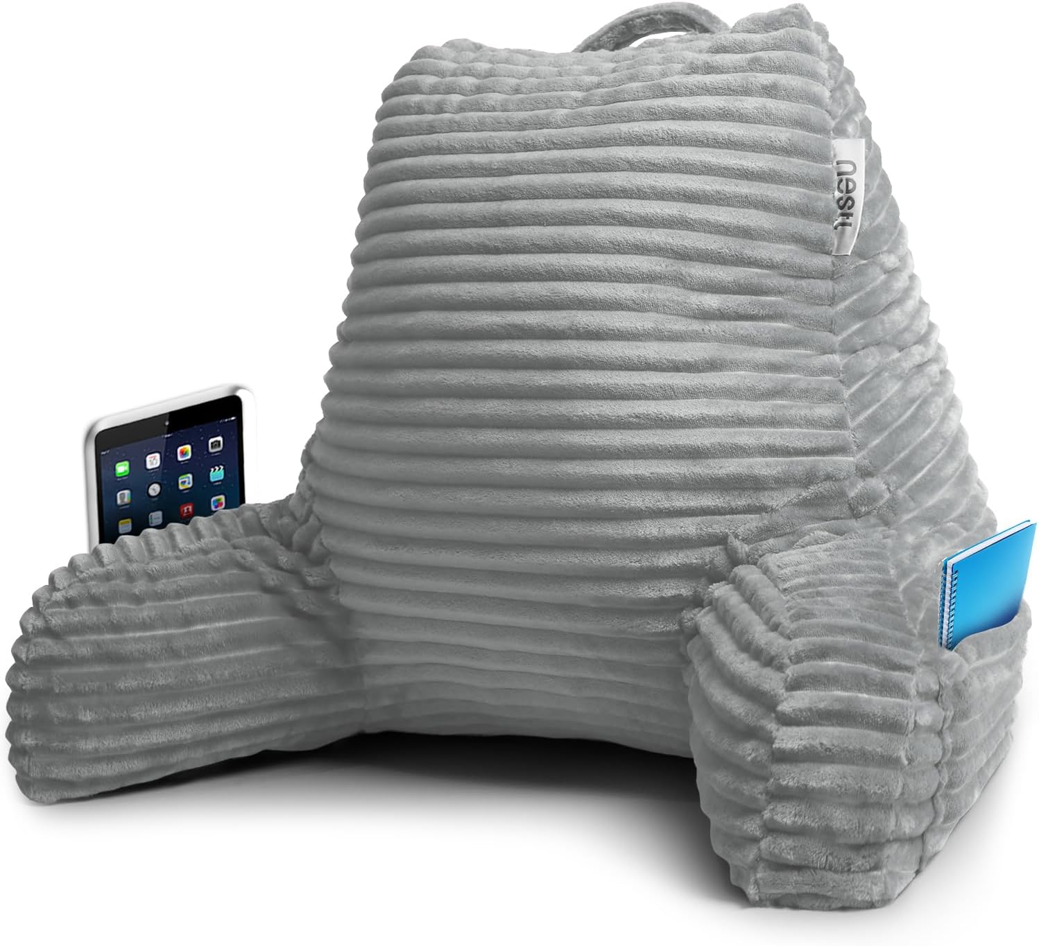 Nestl Reading Pillow with Shredded Memory Foam, Luxe Cut Plush Back Pillow for Sitting Up in Bed, Back and Arms Adjustable Support for Adult & Teens, Backrest Pillows with Washable Cover Light Grey