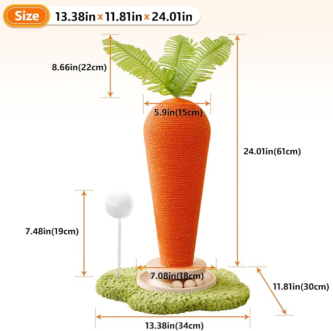 24'‘ H Cat Scratching Post Carrot with Catnip, Cute Cat Scratcher Post with Durable Natural Wooden Turntable Toy, Carrot Shape Design Cat Toy Cat Tree Sisal Scratcher for Indoor Cats (Cloud Base)