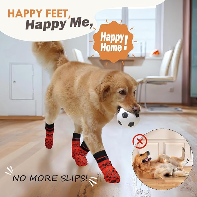 Non Slip Dog Socks to Prevent Licking Paws Grippy Socks for Senior Dog on Hardwood Floors Anti Slip Dog Socks for Christmas Holiday Double Side Paw Protector Prevent Scratching Red L