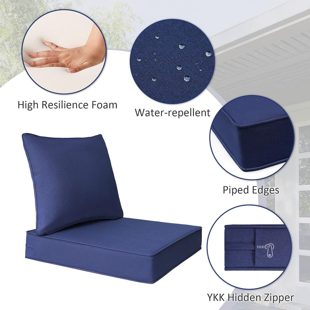 Outdoor Patio Chair Cushions Set, 22" x 22", Set of 2, Water-Repellent, Fade Resistant, Deep Seat Bottom and Back Cushion for Backyard, Couch, Sofa and Patio Furniture, Navy