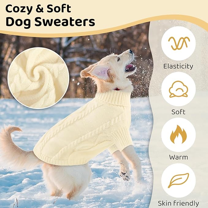Queenmore Small Dog Pullover Sweater, Cold Weather Cable Knitwear, Classic Turtleneck Thick Warm Clothes for Chihuahua, Bulldog, Dachshund, Pug (White, X-Small)