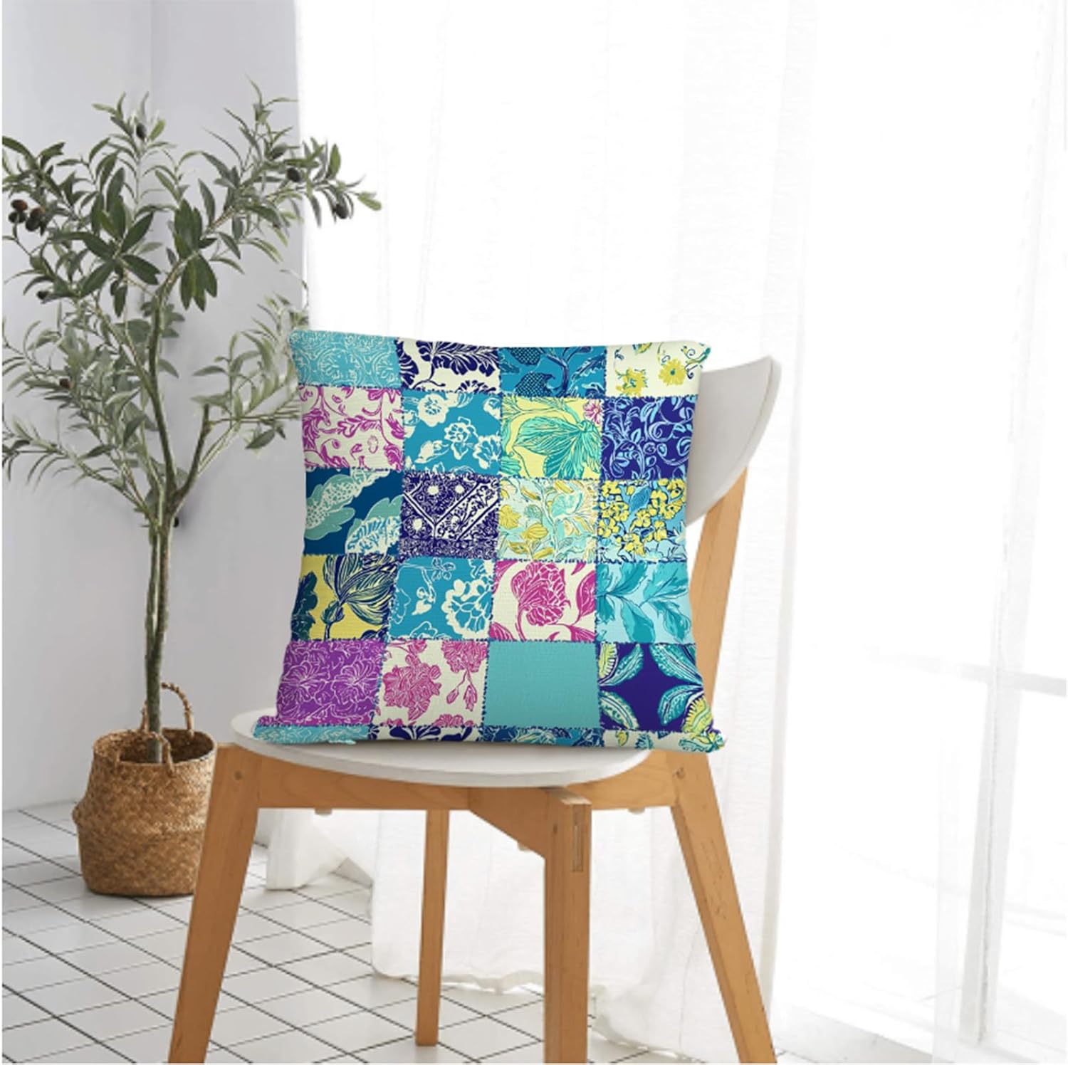 Throw Pillow Covers 18x18 Set of 2,Patchwork-Inspired Print Cushion Covers, Decorative Square Pillowcases for Couch, Bedroom, Living Room