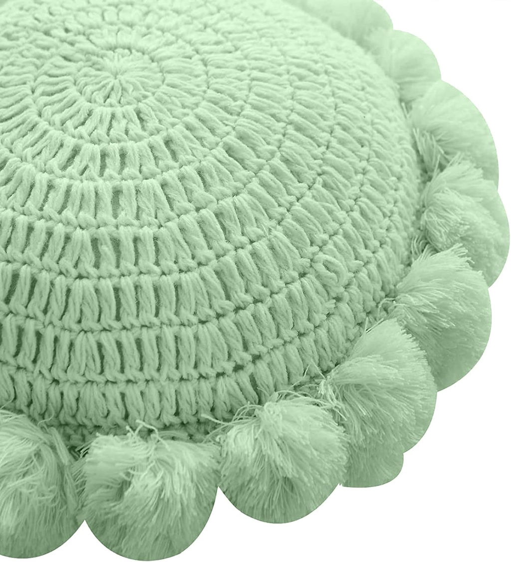 Boho Round Throw Pillow with Cute Handmade Pom Poms Tassels 18 Inch, Decorative Circular Knitted Crochet Cushion for Couch, Sofa, Chair, Bed, Sage Green