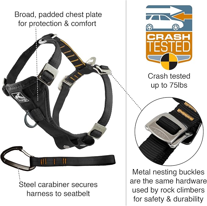 Kurgo Enhanced Strength Tru-Fit Dog Car Harness - Pet Travel Safety Harness - Crash Test Certified Fit - Five Point Adjustment - Secure Buckle - Padded Chest - Black - Small