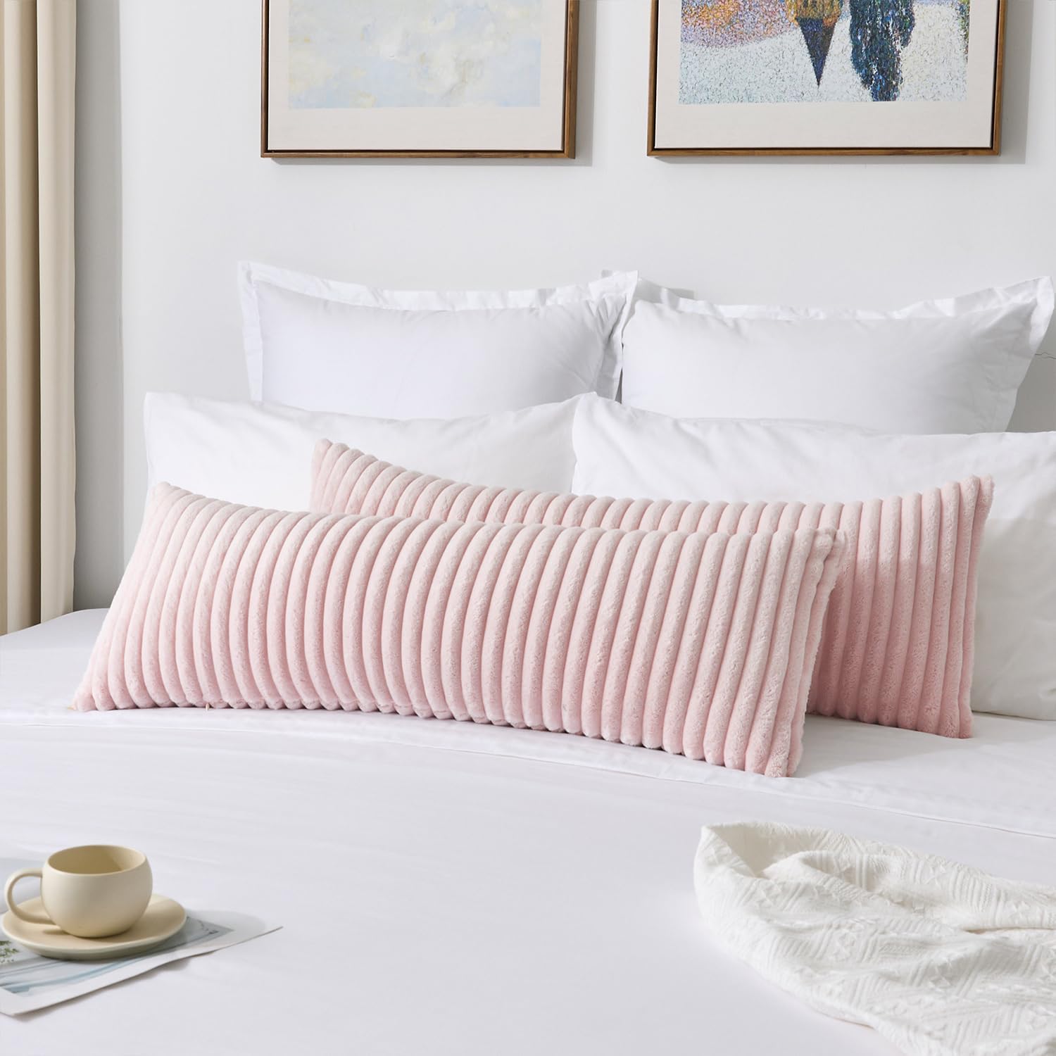 Kevin Textile Valentines Day Soft Plush 14x24 Inch Lumbar Pillow Cover 1 Pack, Luxury Fluffy Faux Fur Striped Flannel Rectangle Cushion Case for Couch Sofa Chair Bed Home Decor, Light Pink