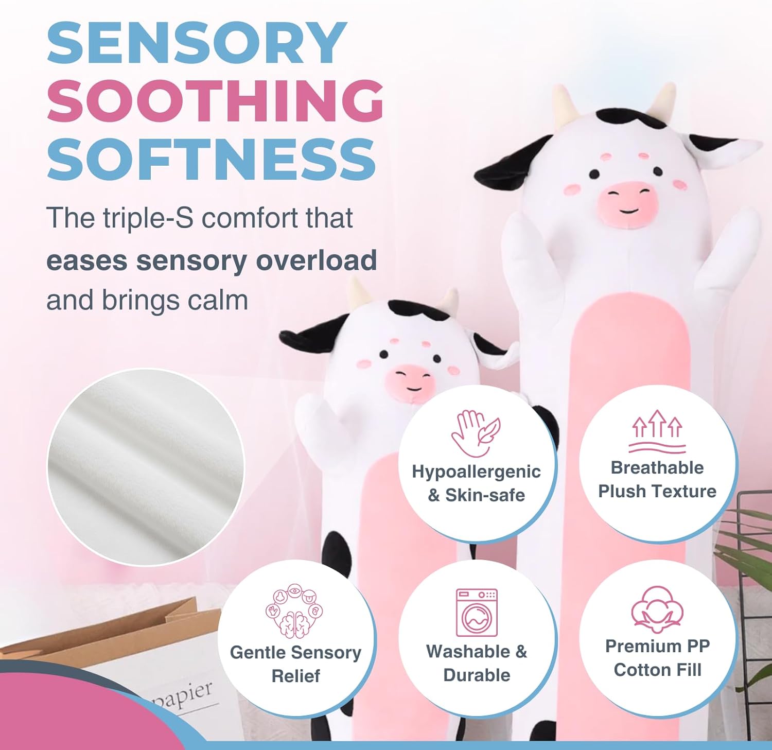 Cow Print Plush Body Pillow for Kids | Long Stuffed Animal Cuddle Pillow | Soft Hugging Toy | Plushie Gift for Girls & Boys | Long Plush Body Pillow for Sleep & Comfort | Small, 23 Inches