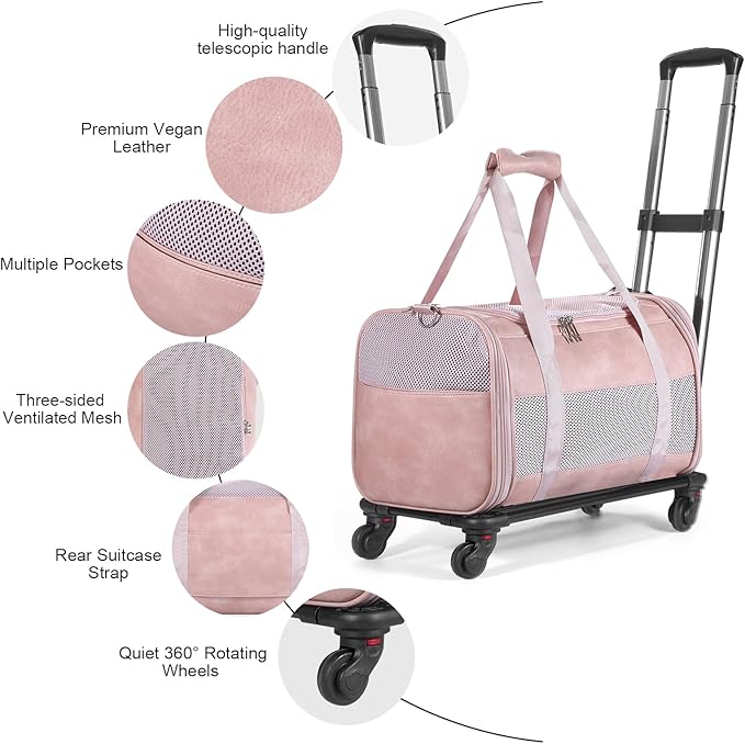 Airline Approved Pet Carrier with Wheels, Rolling Soft Sided Dog Cat Travel Bag, Premium Fashion Leather Small Pet Carrier Purse for Puppies and Cats Pink