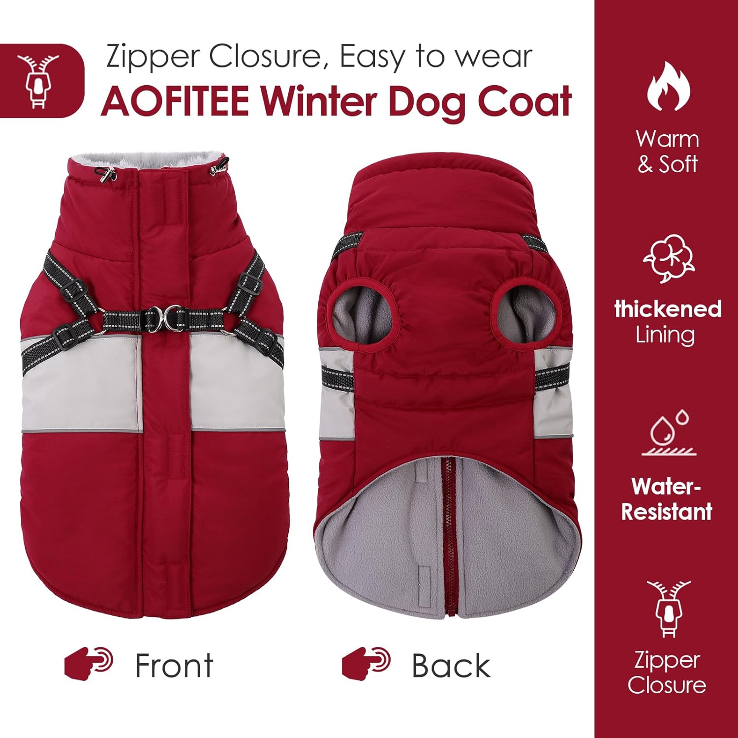 AOFITEE Dog Winter Coat, Dog Coat with Harness Built in, Dogs Jacket for Large Dogs, Reflective Waterproof Pet Puffer Jacket Snowsuit, Warm Fleece Windproof Pet Sweater for Cold Weather, XL