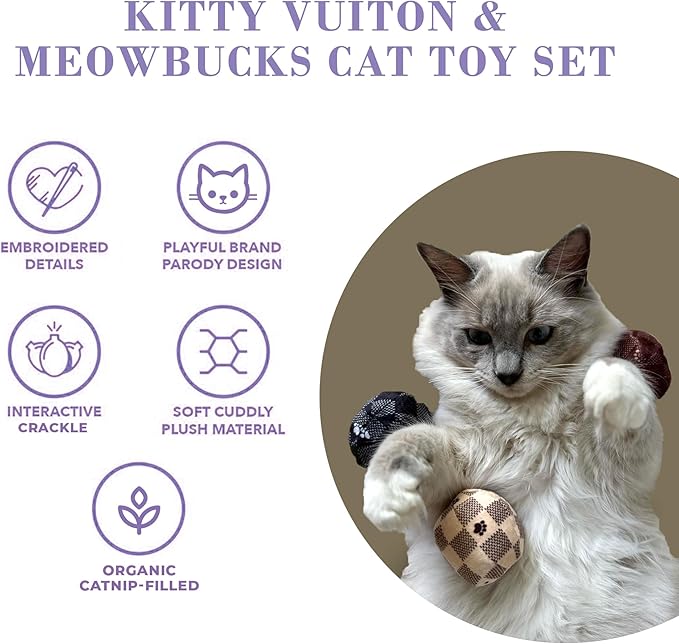 Vuiton Checker Balls + Meowbucks Catpuccino Set, Plush Cat Toys Catnip Filled with Interactive Crackle Sound, Safe & Durable Toys for Cat & Kitten, 5 Pcs