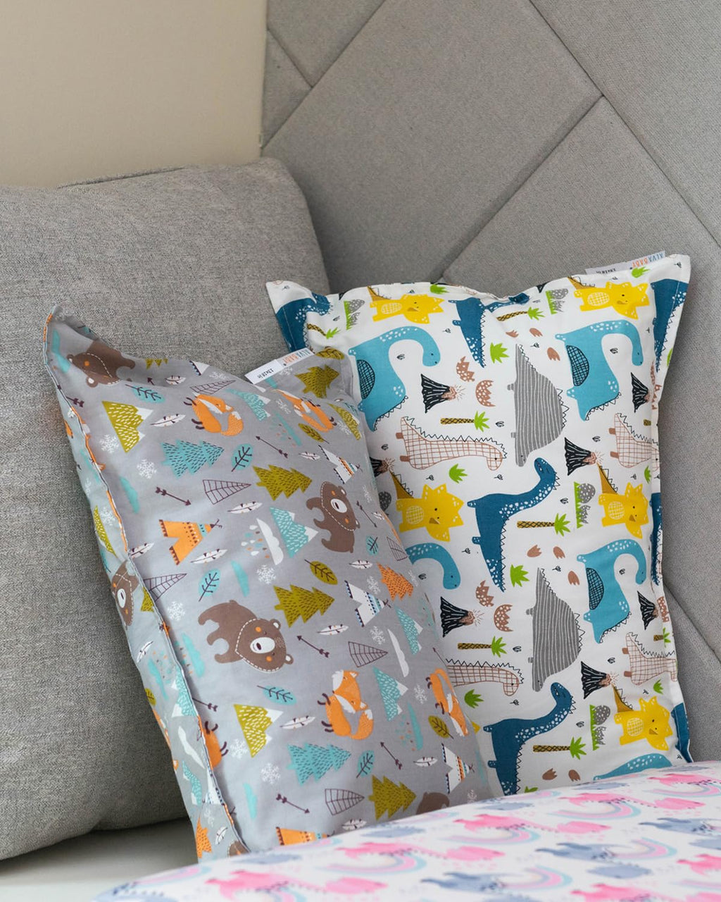 ALVABABY Toddler Pillowcases 2 Pack Organic Cotton Kids Pillow Cover Fit 13"x 18" or 12"x16" Envelope for Girl Boy Sleepy Travel Dinosaur Bear(Pillowcase Only)