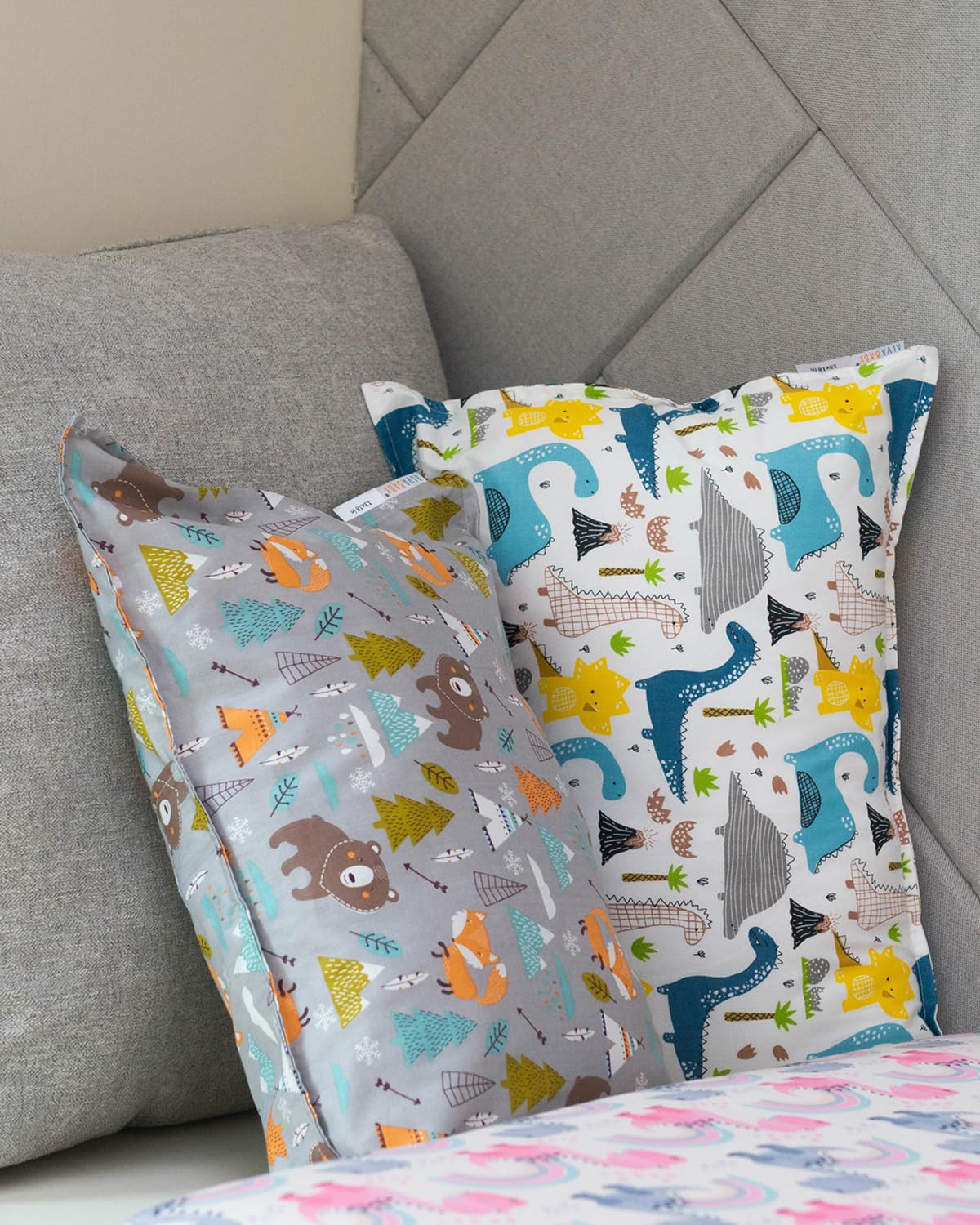 ALVABABY Toddler Pillowcases 2 Pack Organic Cotton Kids Pillow Cover Fit 13"x 18" or 12"x16" Envelope for Girl Boy Sleepy Travel Dinosaur Bear(Pillowcase Only)