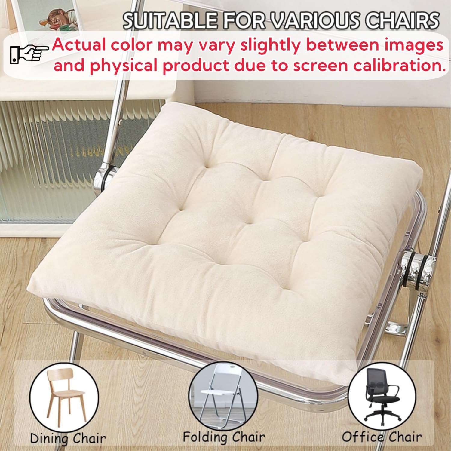 2 Pack Square Seat Cushion Chair Pads for Kitchen Dining Chairs, Soft Comfort Velvet Chair Mat Pillow Cushions with Ties for Office Desk Living Room Tatami 15.5", Ivory