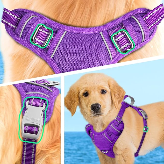BARKBAY No Pull Dog Harness Large Reflective Dog Harness with Front Clip and Easy Control Handle for Walking Training Running with ID tag Pocket(Purple,XS)