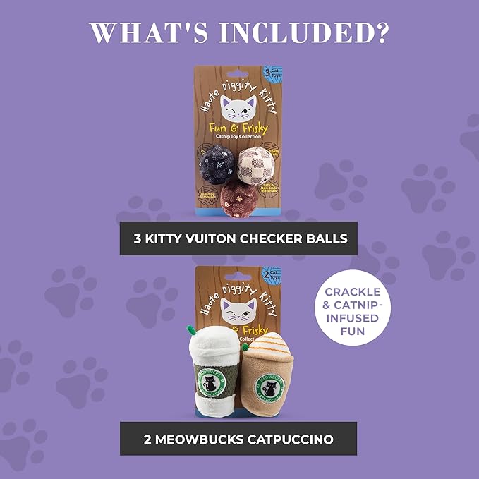 Vuiton Checker Balls + Meowbucks Catpuccino Set, Plush Cat Toys Catnip Filled with Interactive Crackle Sound, Safe & Durable Toys for Cat & Kitten, 5 Pcs