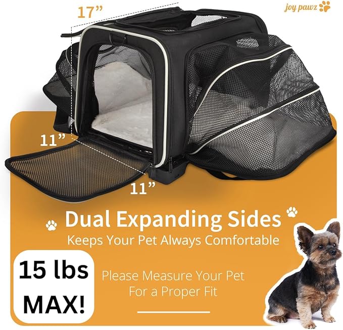 Pet Carrier for Travel - 15 LBS MAX Dogs/Cats Expandable - Airline Approved & Roomy - Premium Pets Carrier with Wheels - Cozy Soft-Lined Travel Carrier - Stylish Black Design